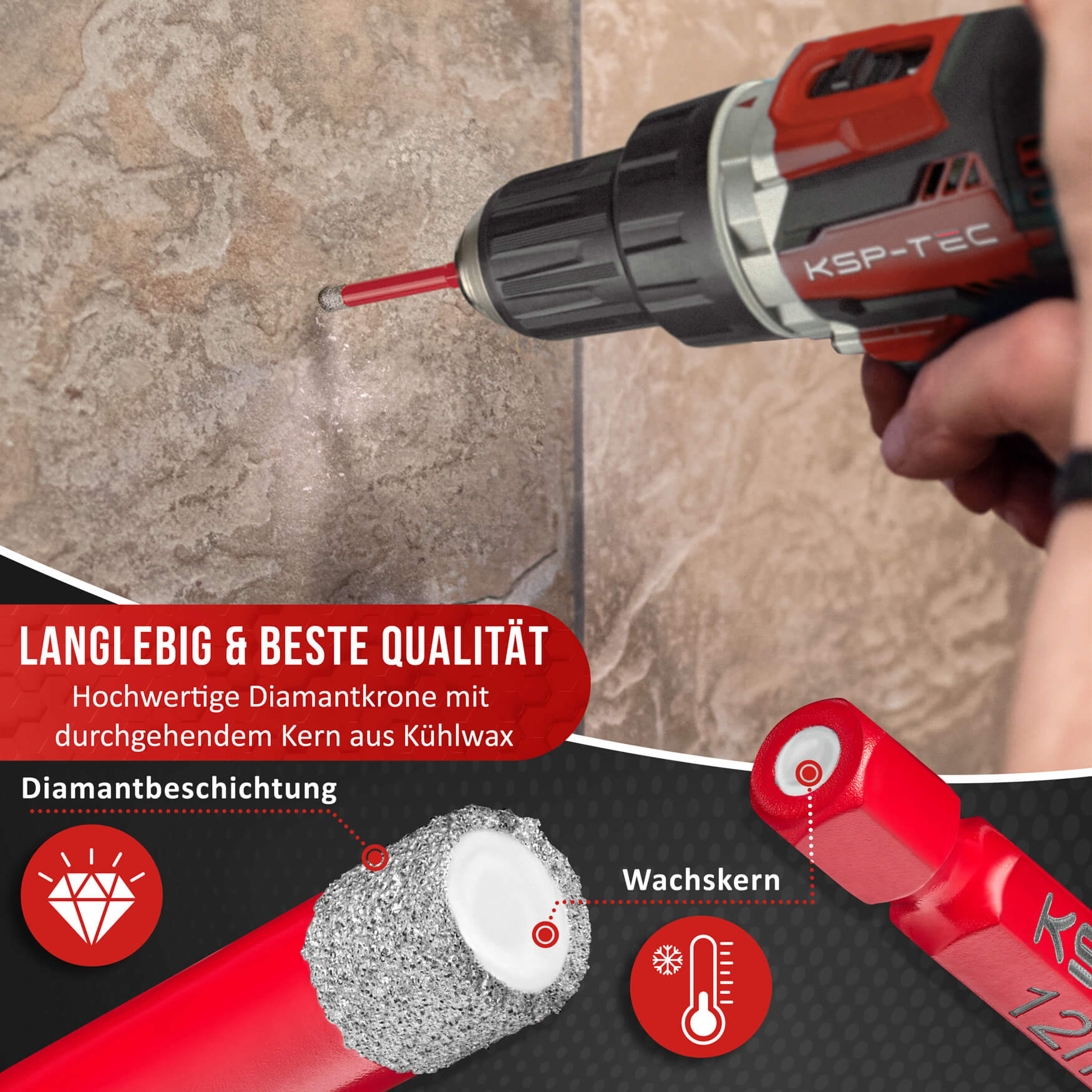 Präzise und ansprechende Infografik eines hochwertigen Diamantfliesenbohrers, stilvoll gestaltet und leicht verständlich, um potenzielle Kunden anzusprechen und den Verkauf auf Plattformen wie Amazon zu unterstützen