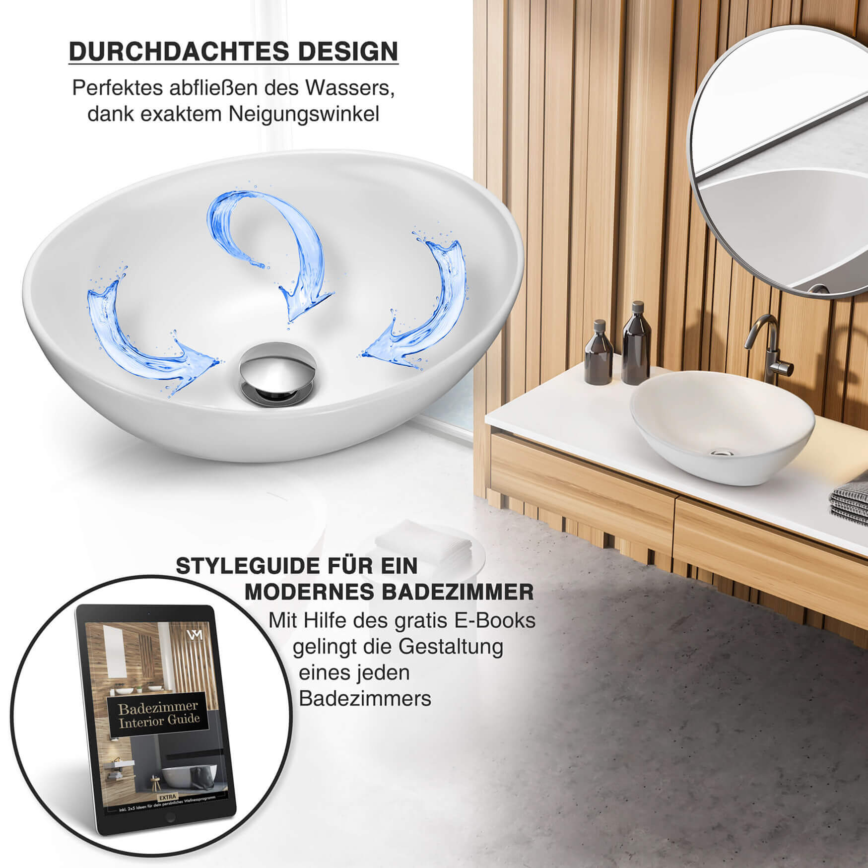 Sorgfältig gestaltete Infografik zeigt ein durchdacht designtes und hochwertiges Waschbecken, eingebettet in eine stilvolle Umgebung. Unsere Produktfotografie betont das elegante Design und die Funktionalität dieses Waschbeckens, das Stil und Qualität für ein modernes Lifestyle-Erlebnis vereint.