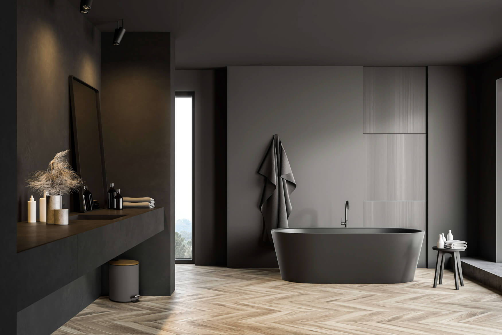 Stilvolles Badezimmer mit passendem Kosmetikmülleimer.