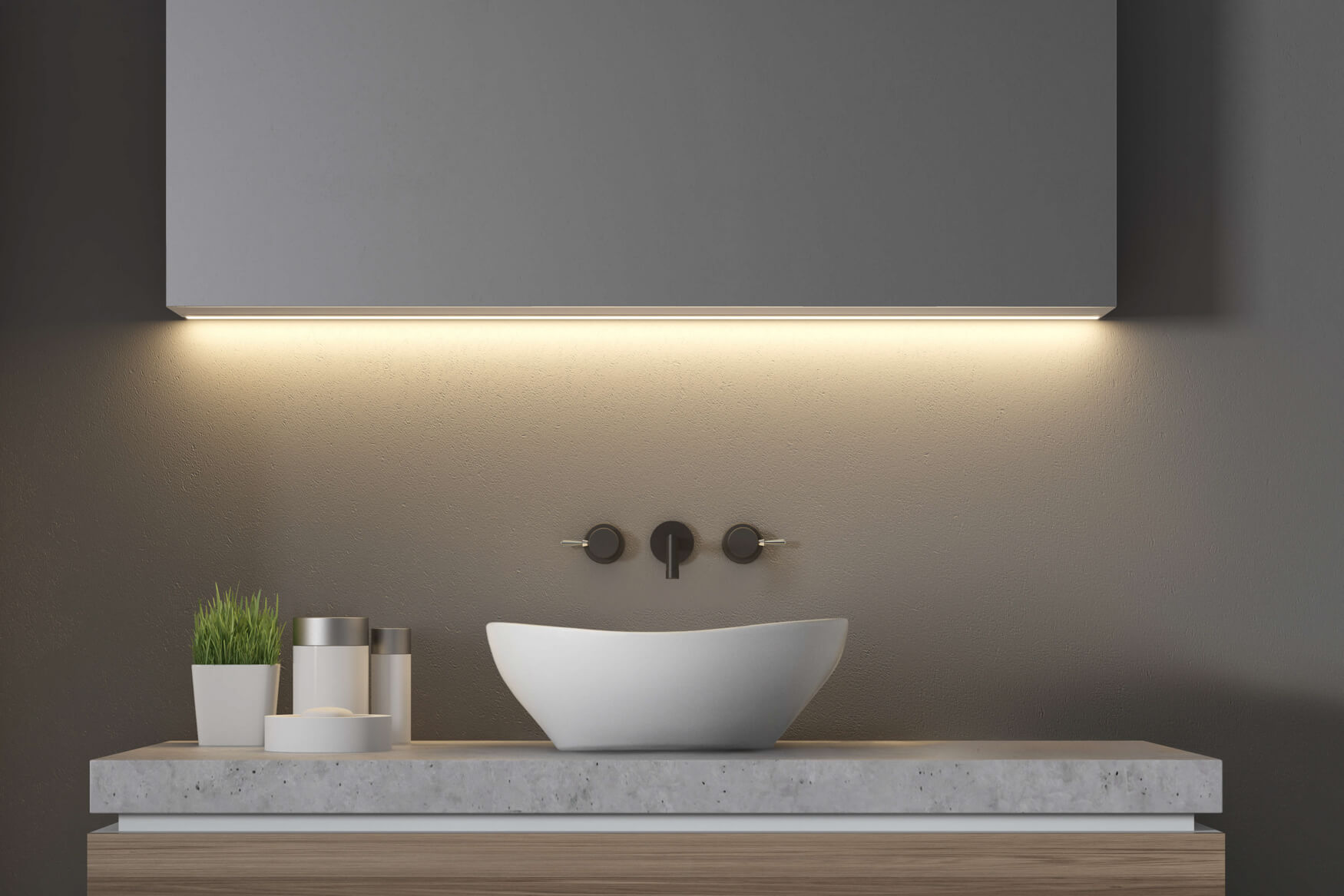 Ein modernes stehendes Waschbecken aus weißem Porzellan auf einer polierten Marmorplatte in einem stilvollen Badezimmer. Diese Fotomontage zeigt das Waschbecken in einer ansprechenden Badezimmerszene und eignet sich ideal für Händler, die hochwertige Produktfotos für ihre Online-Verkäufe benötigen