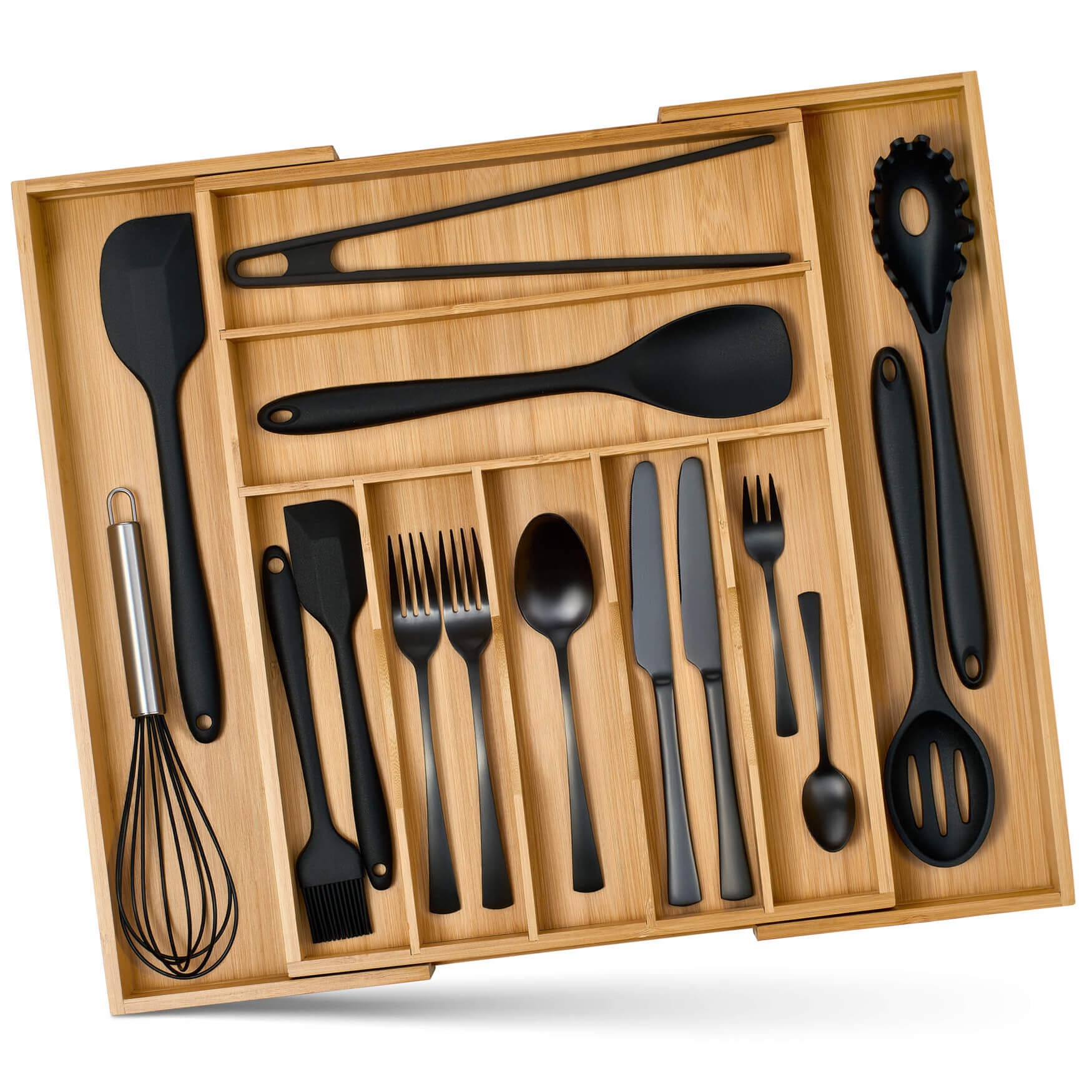 Ein stilvolles Foto eines Bambus-Besteckkastens, gefüllt mit elegantem schwarzen Besteck. Perfekt in Szene gesetzt von unserem professionellen Werbe-Fotostudio, um die Schönheit und Funktionalität des Produkts hervorzuheben.