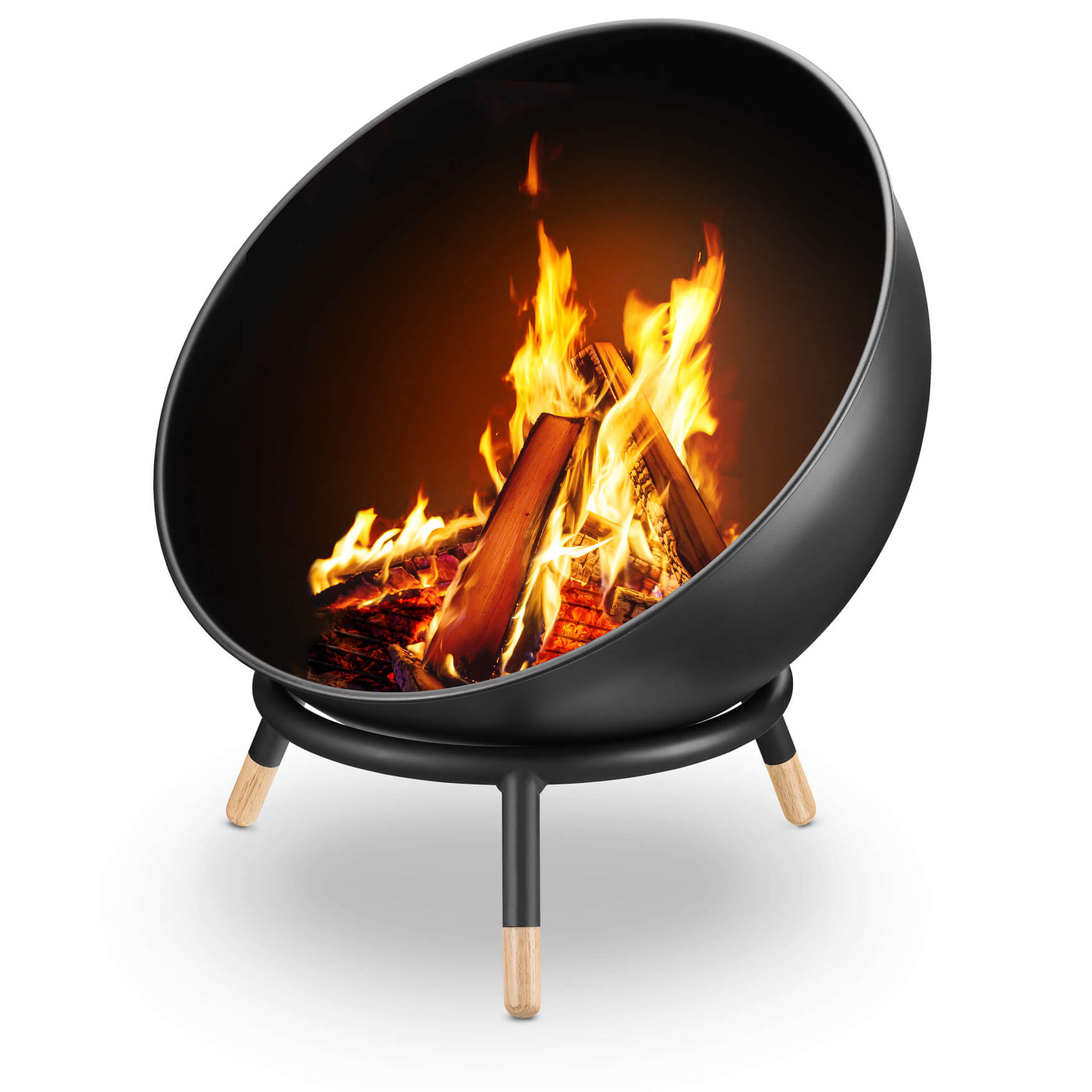 Hochwertiges Produktfoto einer mattschwarzen Feuerschale mit dreibeinigem Ständer und brennendem Feuer. Ideal für gemütliche Abende im Freien. Nutze unser wissen, um dein Sortiment auf Amazon zu präsentieren und Kunden zu begeistern!