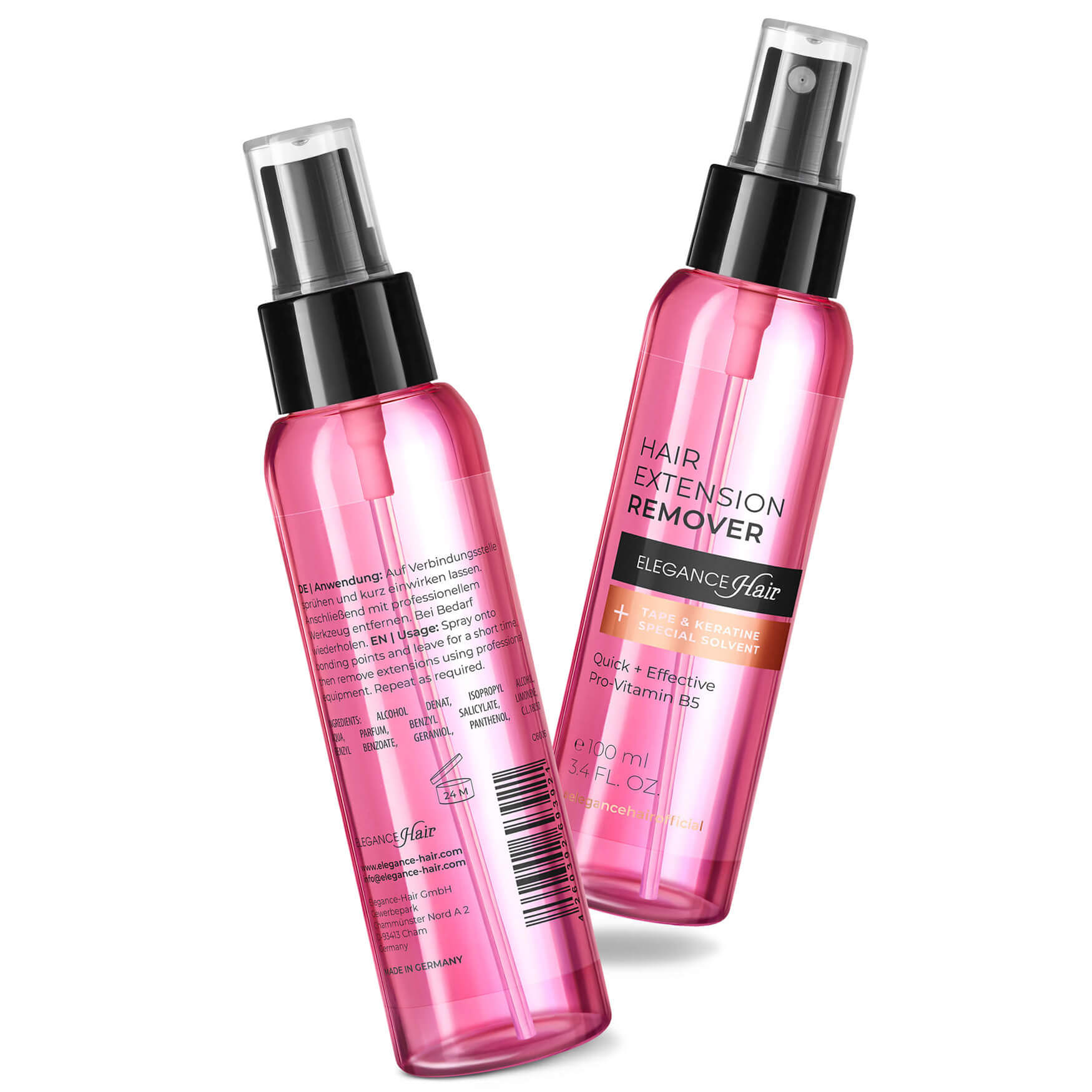 Ein ansprechendes Produktfoto eines Haarpflegesprays in Rosa, präsentiert als Collage mit Vorder- und Rückseite sowie Schatten. Unsere Produktfotografie zeigt die vielseitige Anwendung und das attraktive Design dieses Haarpflegesprays, das für seine Wirksamkeit und sein ästhetisches Erscheinungsbild bekannt ist.