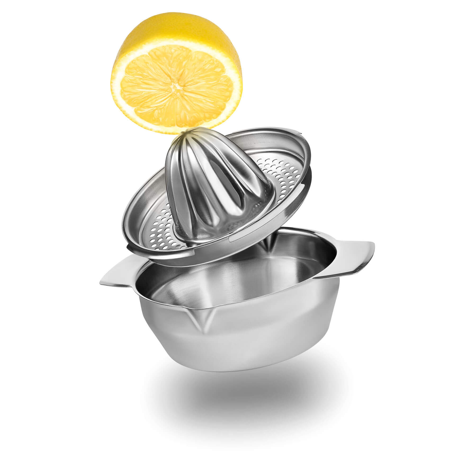 Ein eindrucksvolles Produktfoto einer dynamischen Edelstahl-Zitronenpresse, präsentiert als Blow-Up mit Schatten. Unsere Produktfotografie fängt die Eleganz und Effizienz dieser Zitronenpresse ein, die das Auspressen von Zitronen zu einem mühelosen und stilvollen Prozess macht.