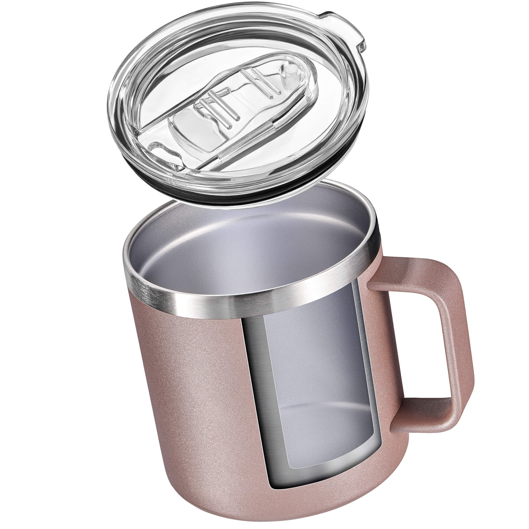 Querschnitt eines isolierten Kaffeebechers: Eine detaillierte Darstellung der isolierenden Schichten, die Wärme oder Kälte halten, damit Ihr Getränk länger frisch bleibt.