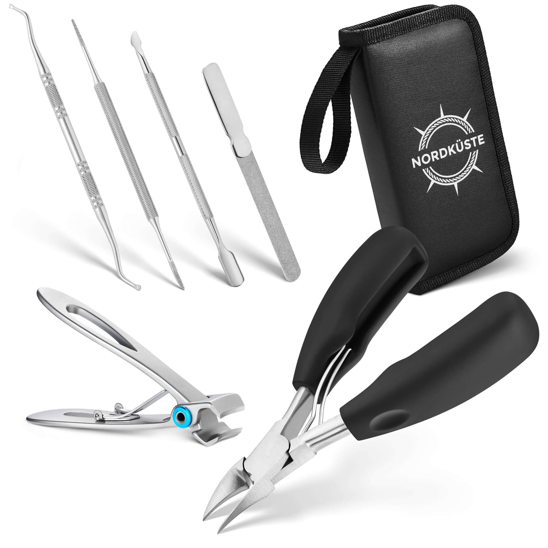 Dynamisches Foto eines Pediküre-Sets: Fangt die Energie und Vielseitigkeit dieses Sets ein, das für gepflegte Füße und ein rundum entspannendes Erlebnis sorgt.