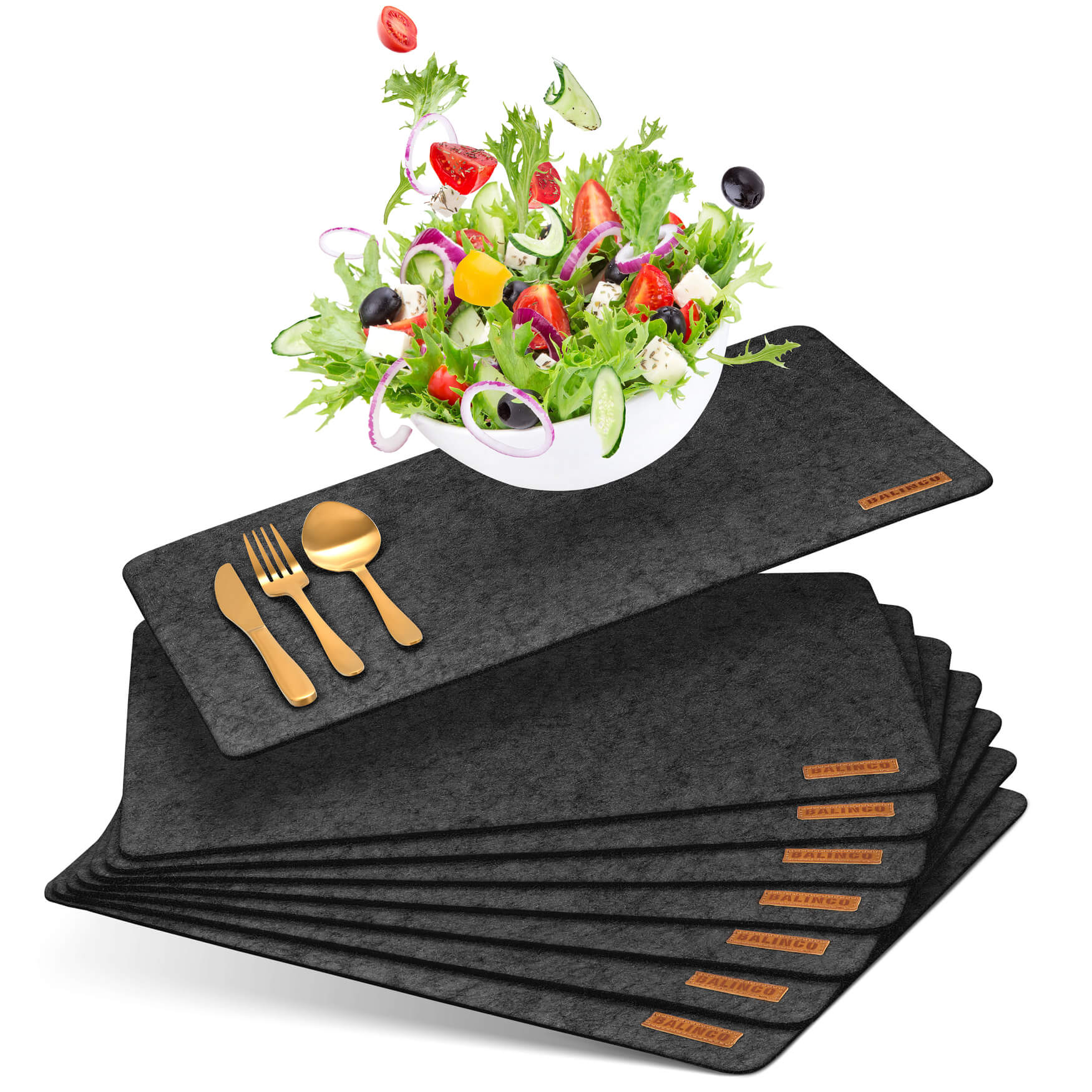 Platzsets dynamisch gestapelt: Eine lebendige Darstellung von Platzsets, die in einer dynamischen Stapelanordnung präsentiert werden, um einen modernen und stilvollen Akzent auf Ihrem Esstisch zu setzen.