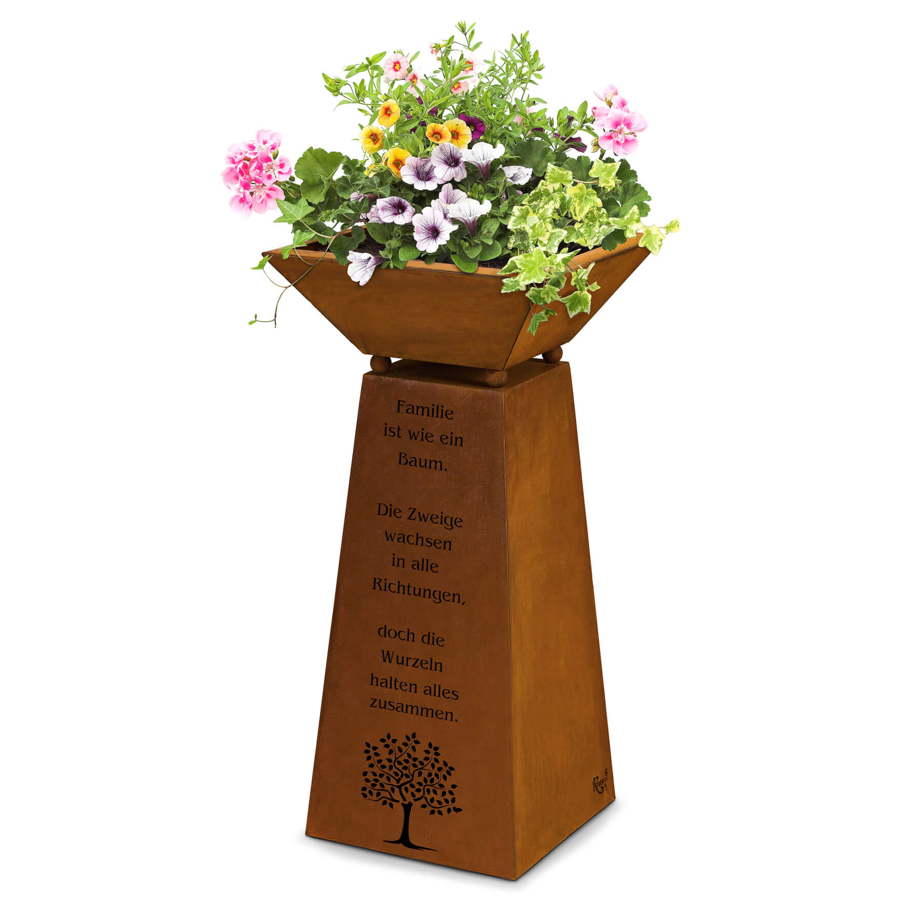 Blumensäule aus Rost: Eine charmante und rustikale Ergänzung für Ihren Garten oder Ihre Terrasse, die mit ihrem verwitterten Charme eine nostalgische Atmosphäre schafft und perfekt für die Präsentation von Blumen und Pflanzen geeignet ist.