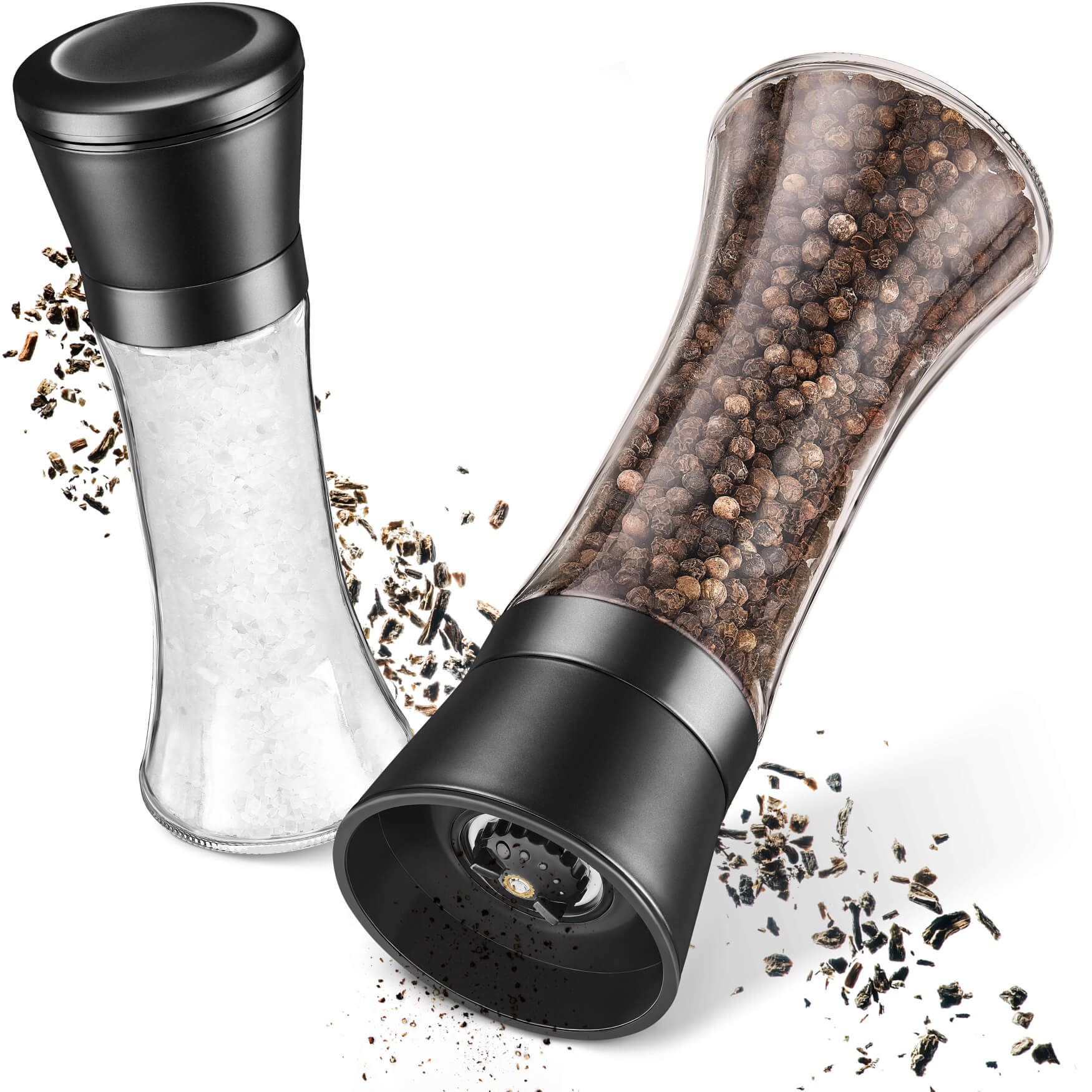 Salz- und Pfeffermühlen in Schwarz: Moderne und stilvolle Gewürzmühlen, die in einer eleganten schwarzen Farbe gehalten sind und Ihrer Küche eine zeitgemäße Note verleihen.