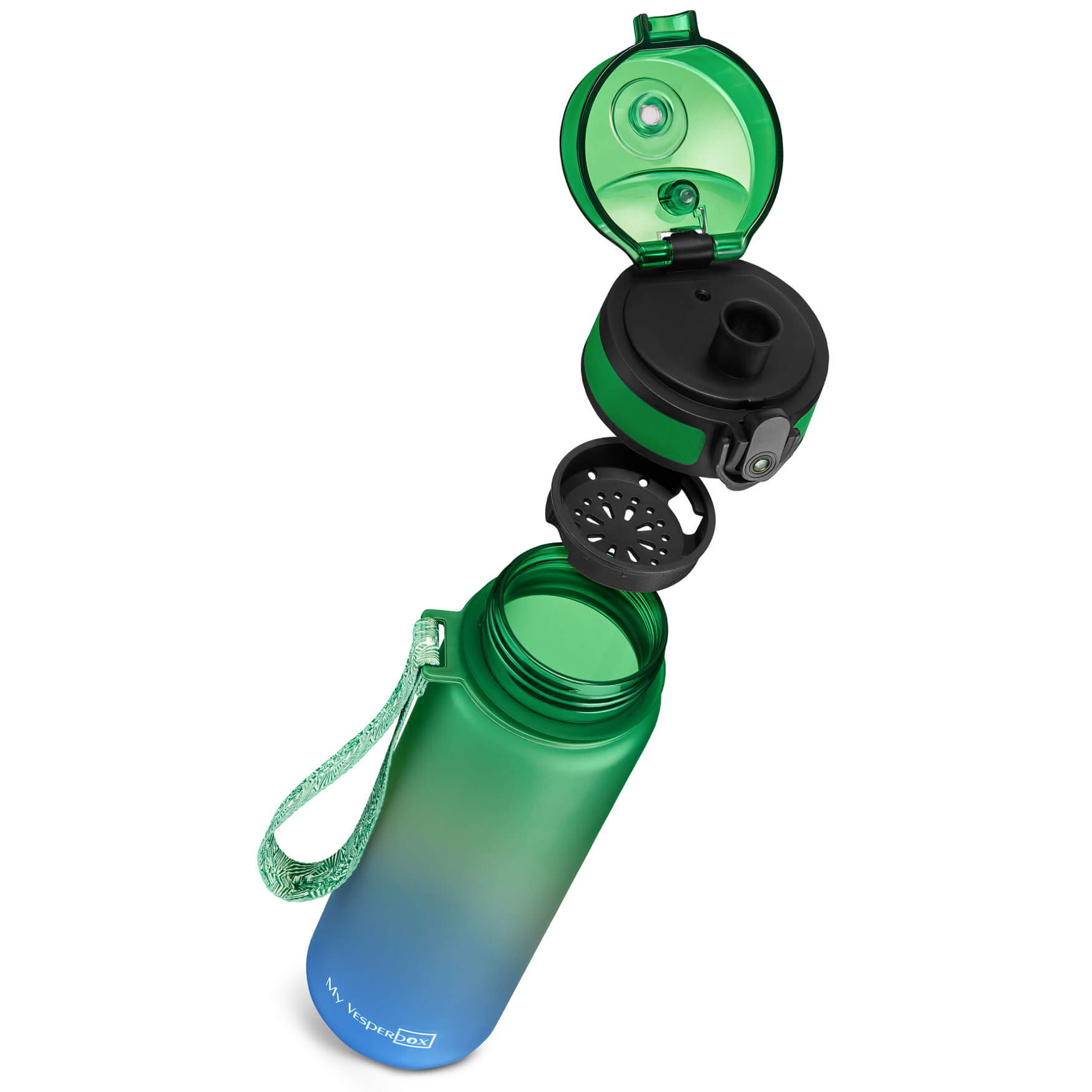 Blow-up einer Trinkflasche: Eine dynamische Darstellung einer Trinkflasche, die ihre Funktionalität und Vielseitigkeit hervorhebt, perfekt für unterwegs, Sport oder den täglichen Gebrauch.