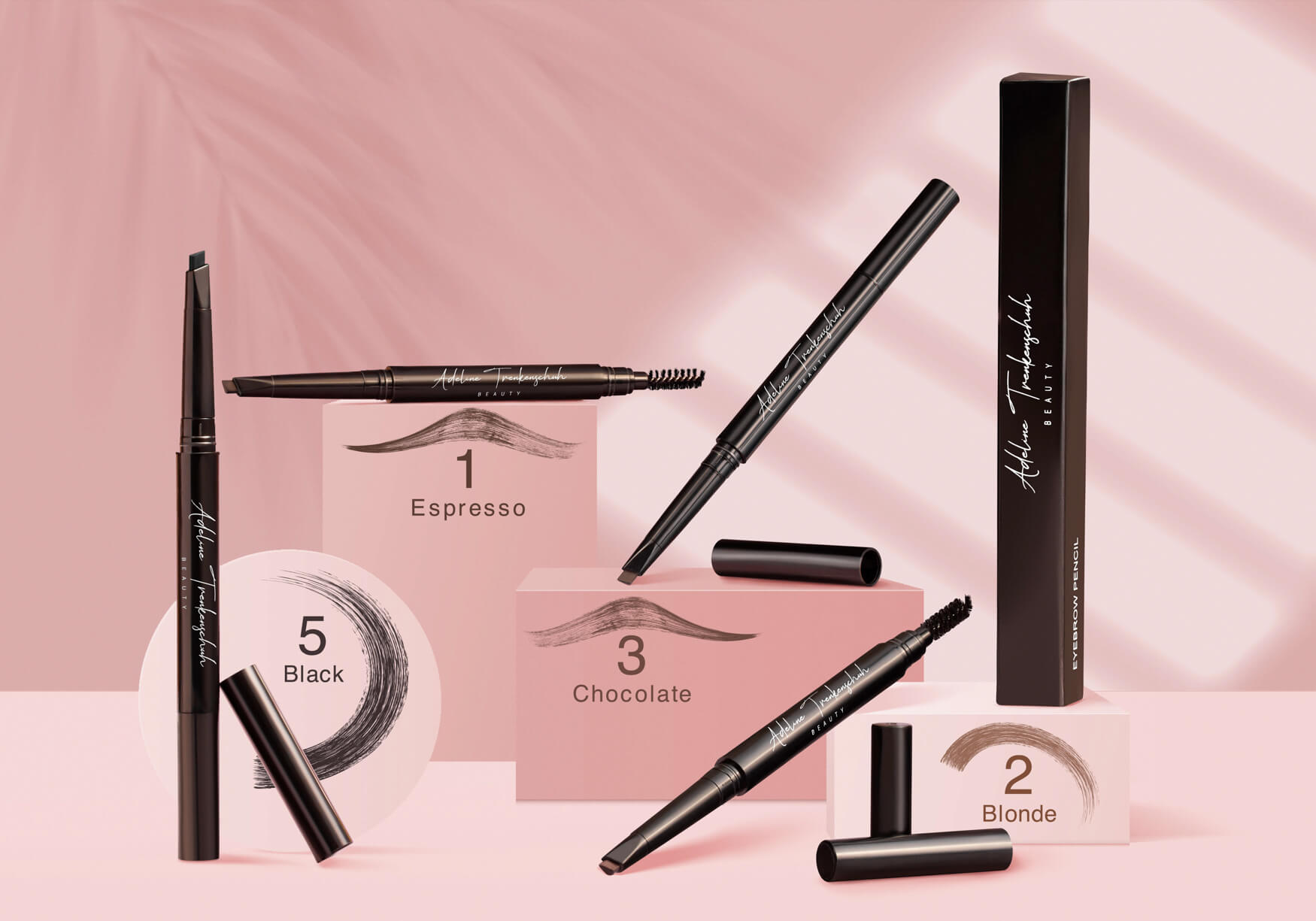 Eine Auswahl verschiedener Augenbrauenstifte, in dynamischer Anordnung auf rosa Rechtecken präsentiert. Unsere Werbefotos verleihen den Produkten eine ästhetische Note und helfen unseren Kunden, ihre Artikel erfolgreich zu vermarkten