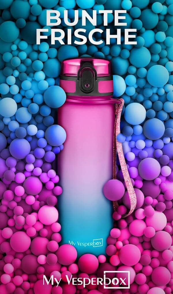 Trinkflasche mit bunten Blasen: Ein fröhliches Bild, das eine Trinkflasche zeigt, umgeben von einer Vielzahl lebhafter und bunter Blasen, die ein Gefühl von Spaß und Frische vermitteln.